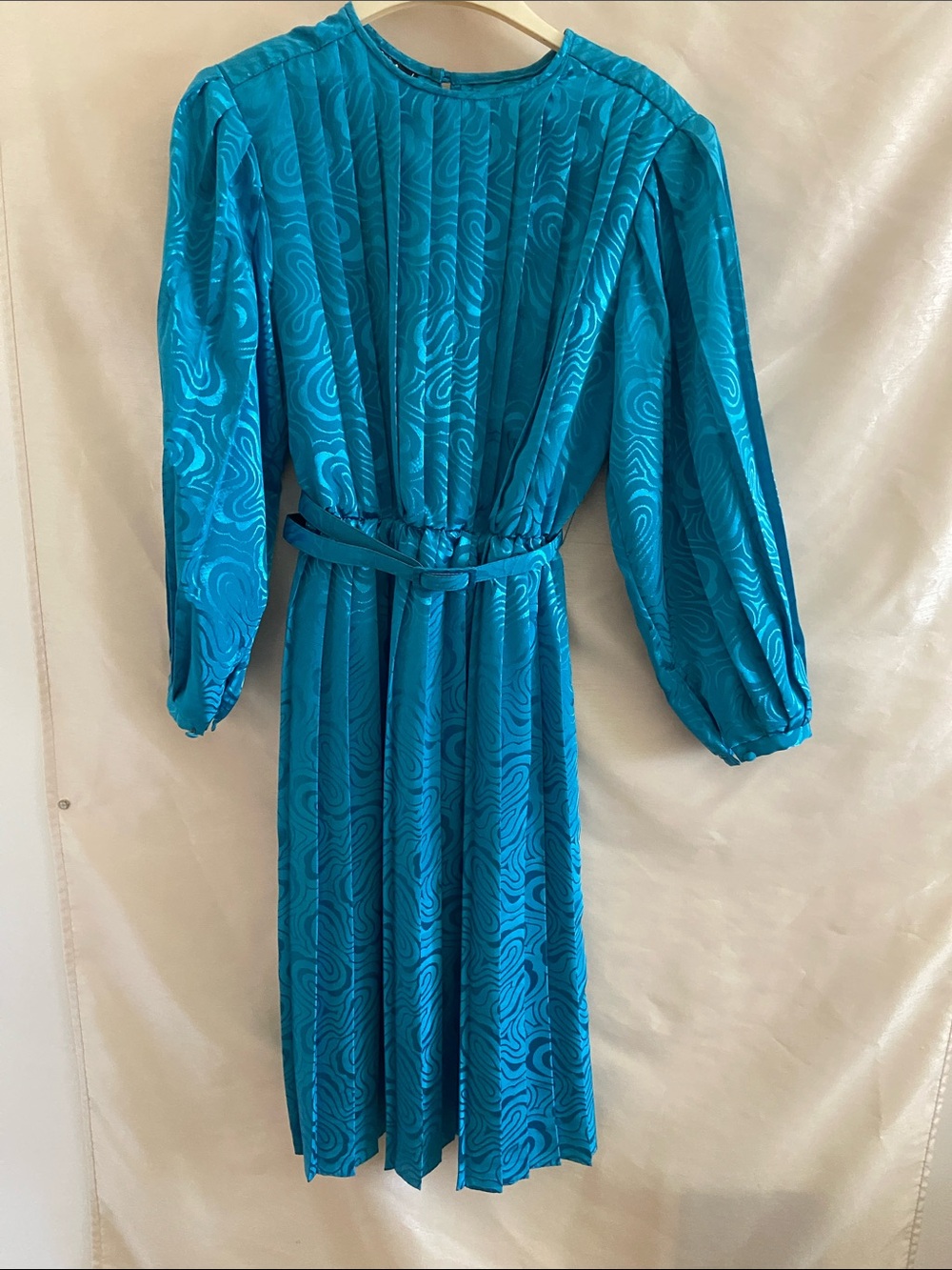 Teal Long-Sleeve Pleated Belted Dress